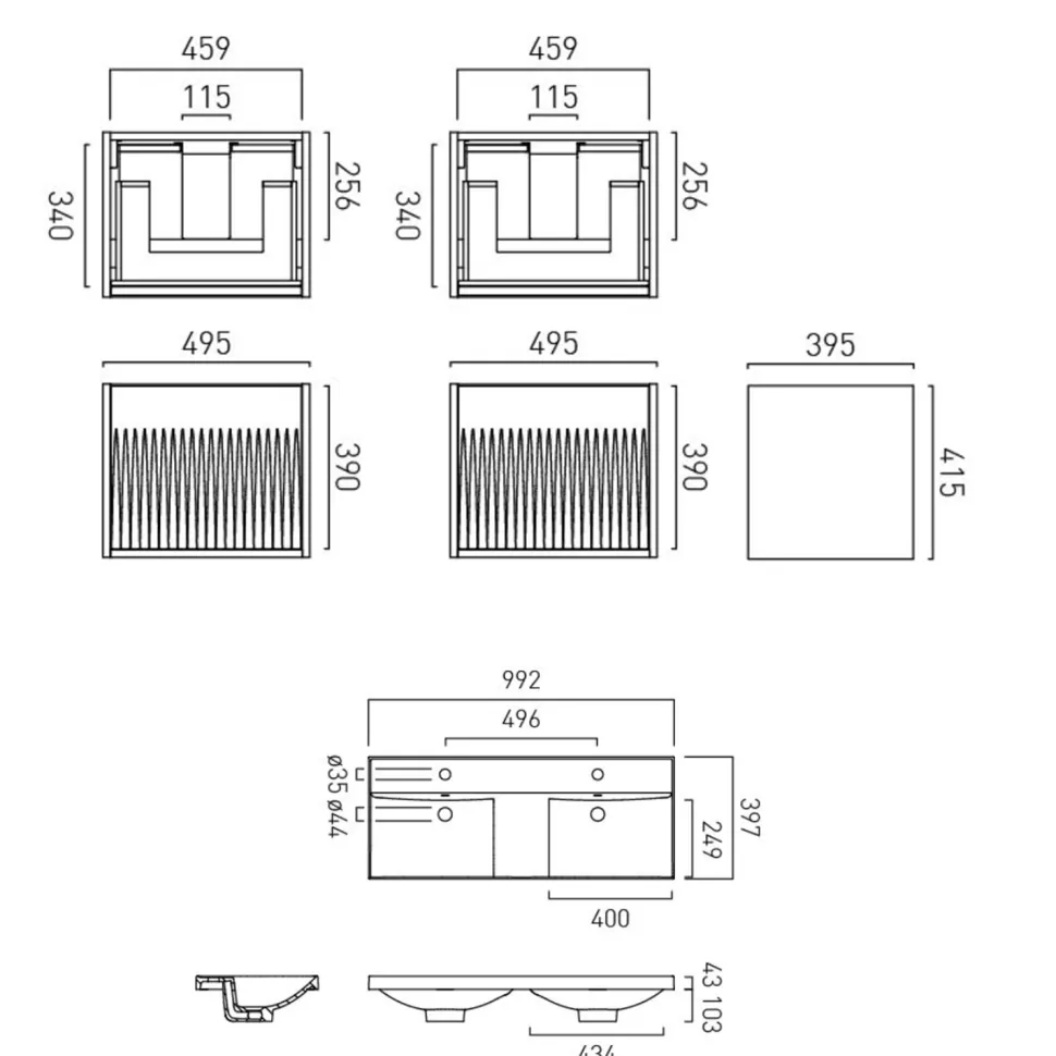 Vado Safari 1000mm Fluted Wall Hung Vanity Unit & Double Basin