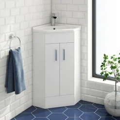 Vellamo Alpine 2 Door Corner Cabinet Vanity Unit & Ceramic Basin - Gloss White