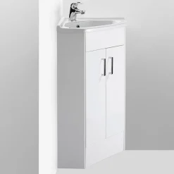 Vellamo Alpine 2 Door Corner Cabinet Vanity Unit & Ceramic Basin - Gloss White