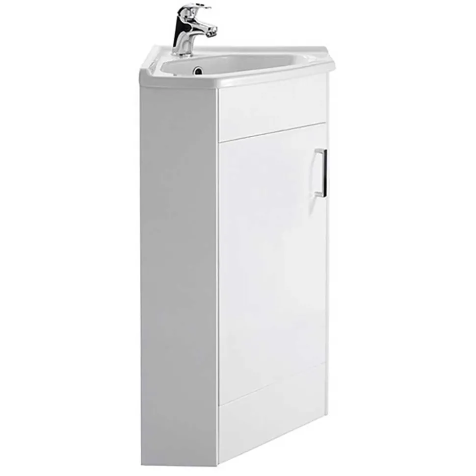 Vellamo Alpine 1 Door Corner Cabinet Vanity Unit & Ceramic Basin - White Gloss