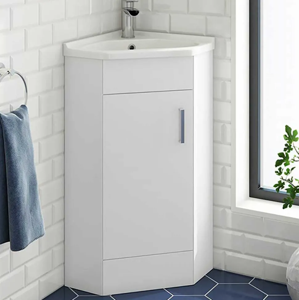 Vellamo Alpine 1 Door Corner Cabinet Vanity Unit & Ceramic Basin - White Gloss