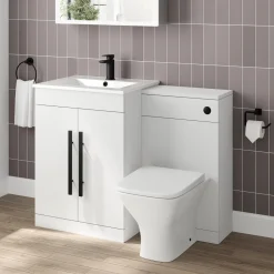 Vellamo Aspire 1100mm 2 Door Combination Basin & Toilet Unit with Matt Black Handles & Overflow Cover - Gloss White