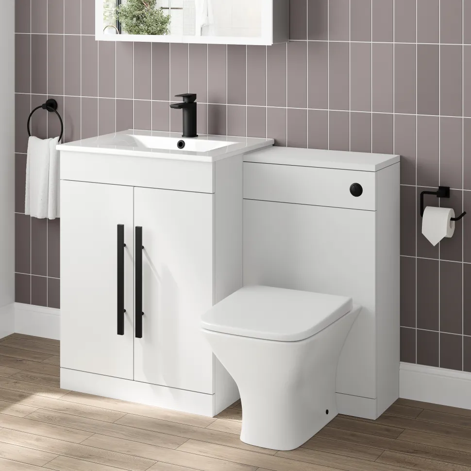 Vellamo Aspire 1100mm 2 Door Combination Basin & Toilet Unit with Matt Black Handles & Overflow Cover - Gloss White