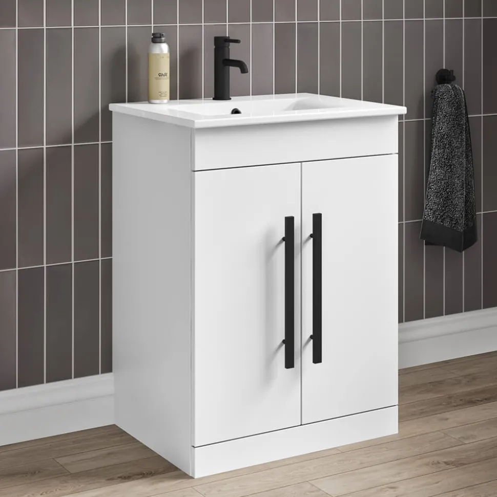 Vellamo Aspire 1100mm 2 Door Combination Basin & Toilet Unit with Matt Black Handles & Overflow Cover - Gloss White