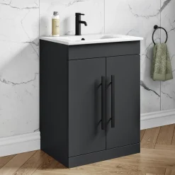 Vellamo Aspire 1100mm 2 Door Combination Basin & Toilet Unit with Matt Black Handles & Overflow Cover - Matt Grey
