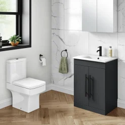 Vellamo Aspire 600mm Floorstanding 2 Door Vanity Unit & Ceramic Basin with Matt Black Handles & Overflow Cover