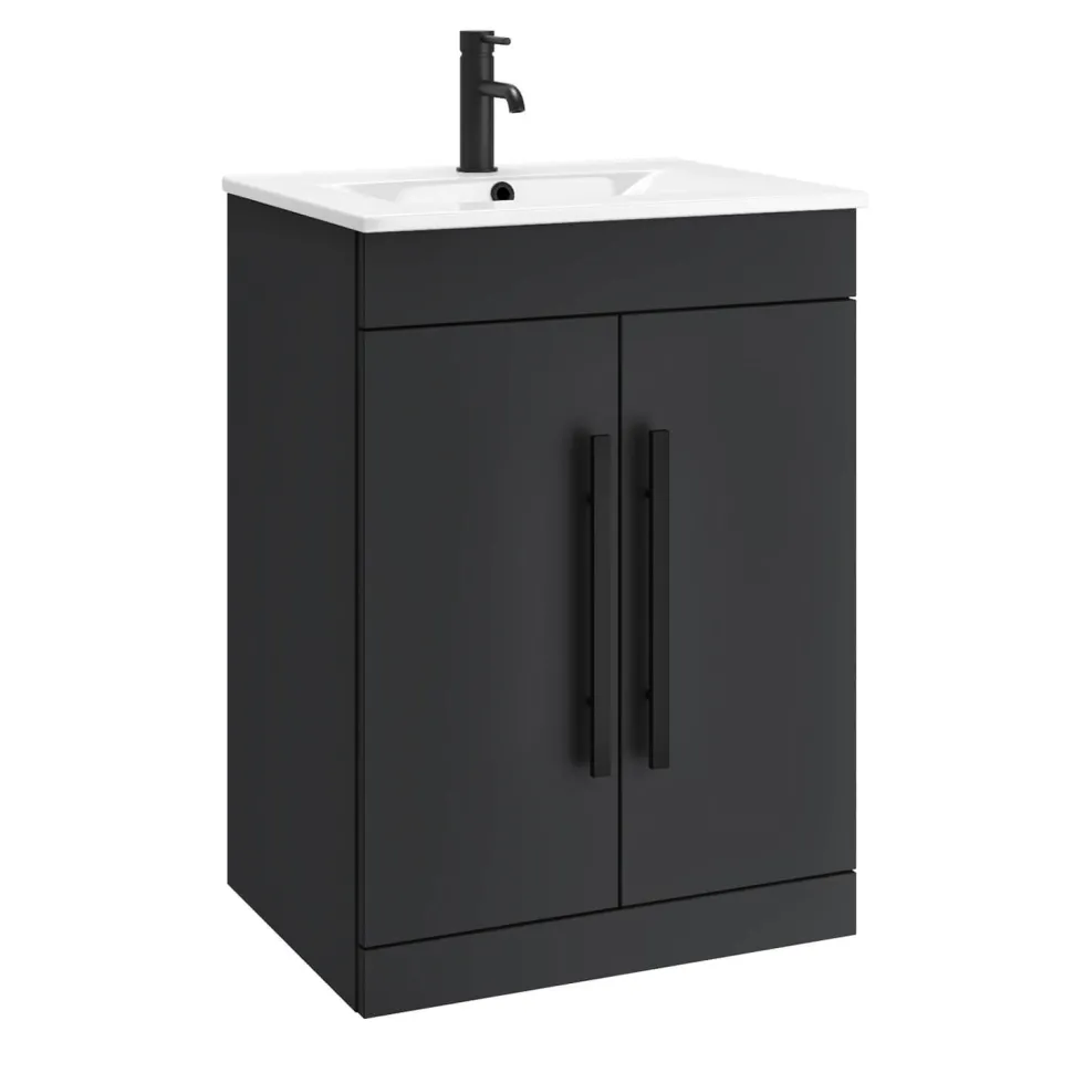 Vellamo Aspire 600mm Floorstanding 2 Door Vanity Unit & Ceramic Basin with Matt Black Handles & Overflow Cover