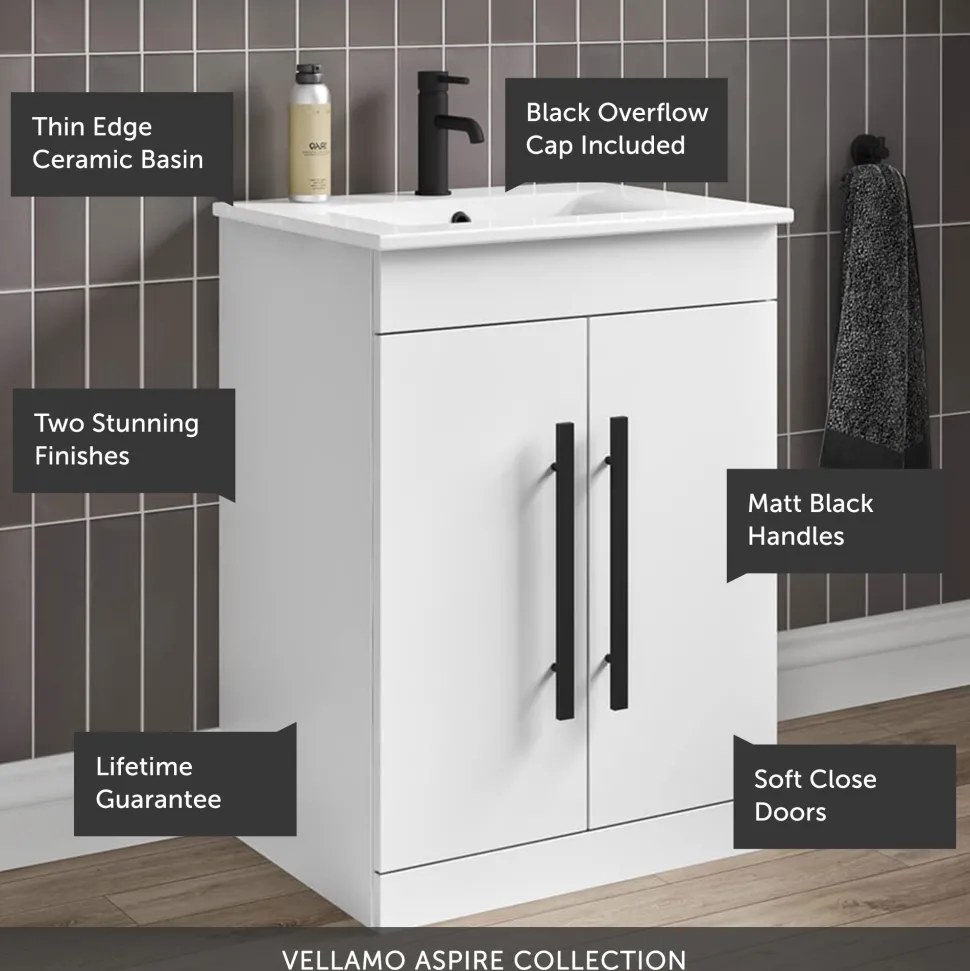 Vellamo Aspire 600mm Floorstanding 2 Door Vanity Unit & Ceramic Basin with Matt Black Handles & Overflow Cover