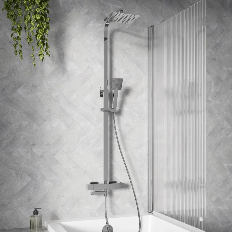 Vellamo Blox Exposed 3 Outlet Rigid Riser Thermostatic Shower Set with Integrated Bath Spout