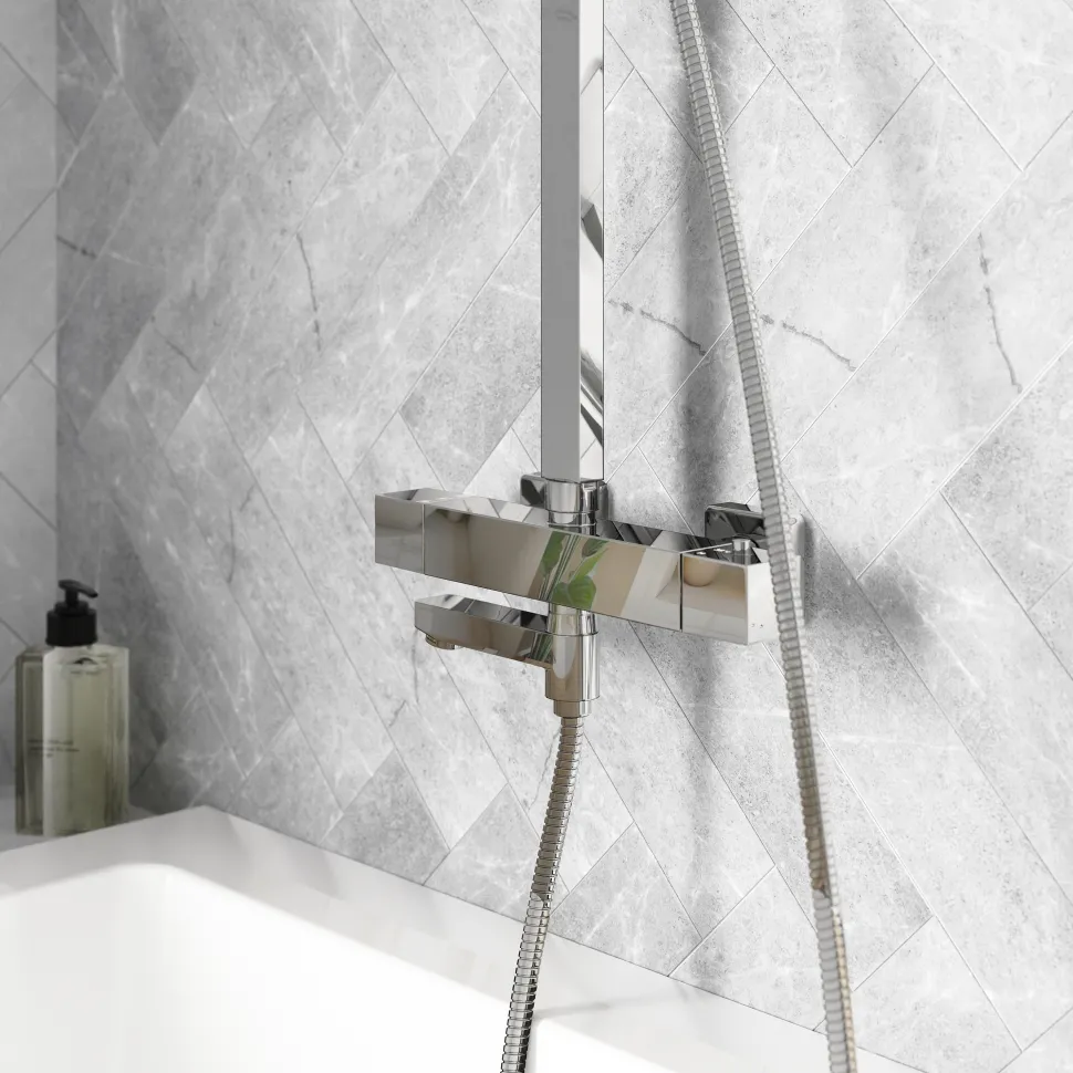 Vellamo Blox Exposed 3 Outlet Rigid Riser Thermostatic Shower Set with Integrated Bath Spout