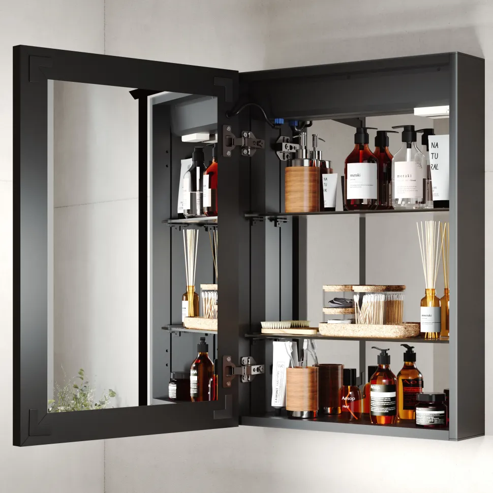 Vellamo Blox Matt Black LED Illuminated Mirrored Cabinet with Demister Pad & Shaver Socket - 500 x 700mm