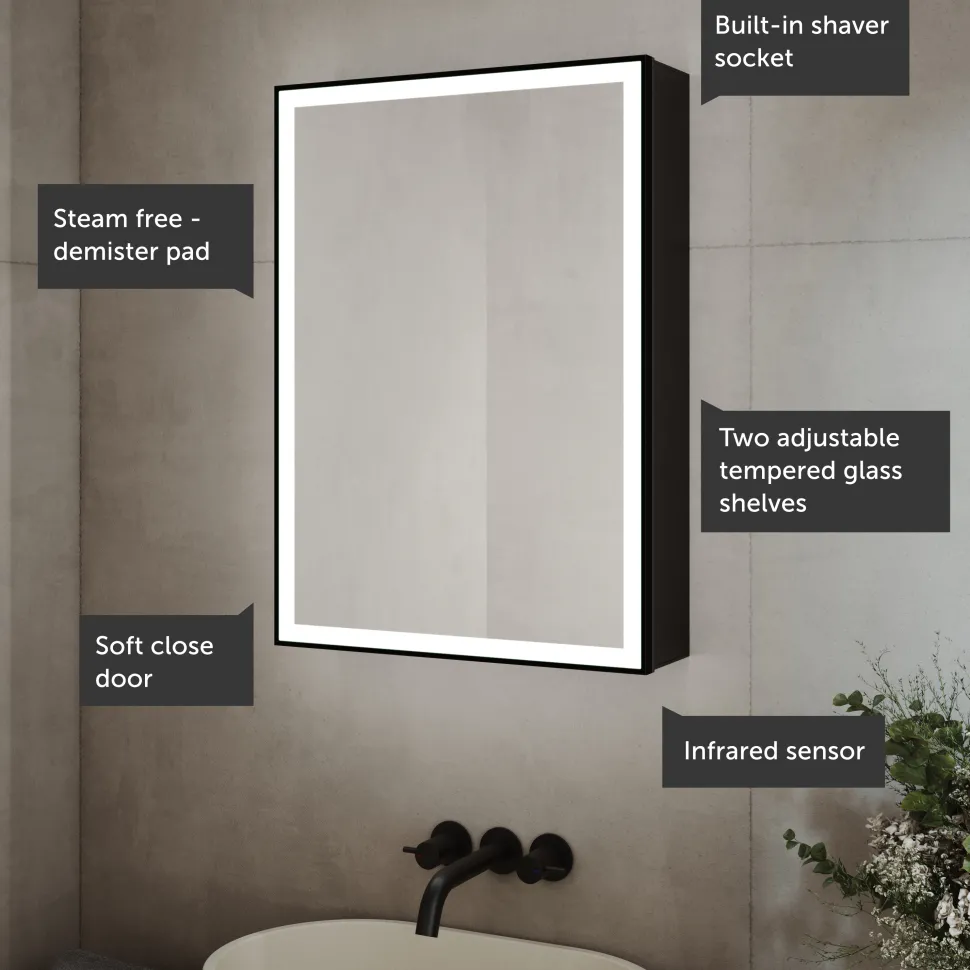 Vellamo Blox Matt Black LED Illuminated Mirrored Cabinet with Demister Pad & Shaver Socket - 500 x 700mm