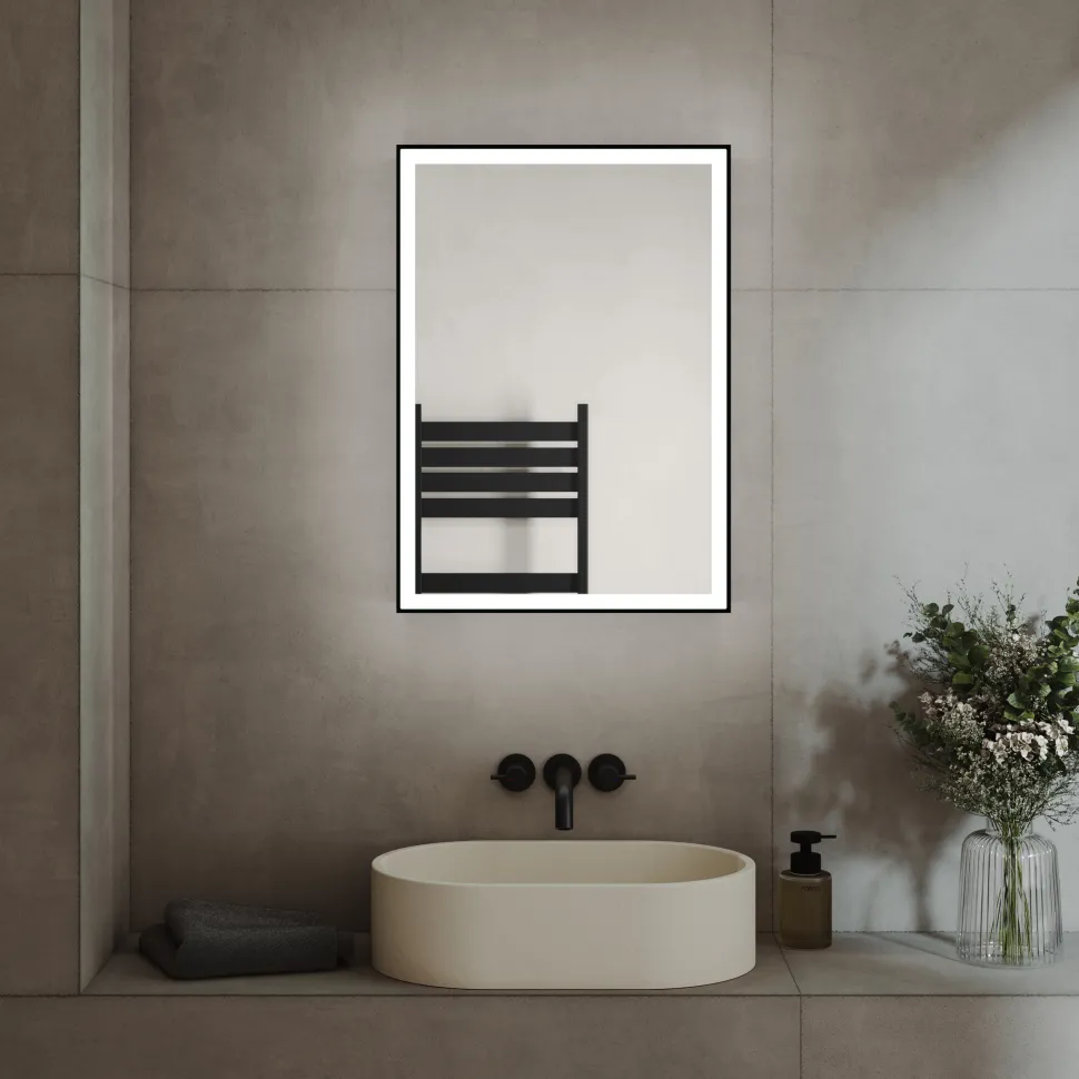 Vellamo Blox Matt Black LED Illuminated Mirrored Cabinet with Demister Pad & Shaver Socket - 500 x 700mm