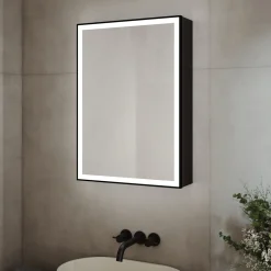 Vellamo Blox Matt Black LED Illuminated Mirrored Cabinet with Demister Pad & Shaver Socket - 500 x 700mm