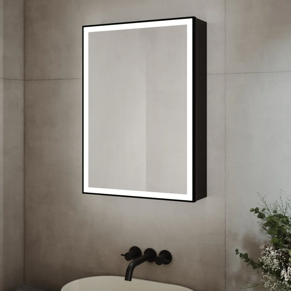 Vellamo Blox Matt Black LED Illuminated Mirrored Cabinet with Demister Pad & Shaver Socket - 500 x 700mm