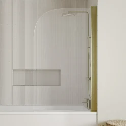 Vellamo Brushed Brass Curved Corner Single Hinged Bath Screen - 1435 x 775mm