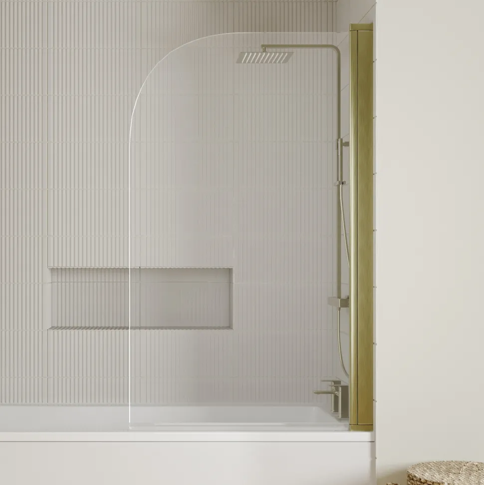 Vellamo Brushed Brass Curved Corner Single Hinged Bath Screen - 1435 x 775mm