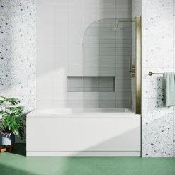 Vellamo Brushed Brass Curved Corner Single Hinged Bath Screen - 1435 x 775mm