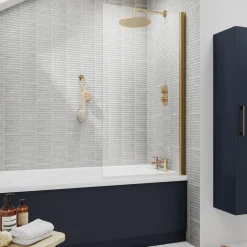 Vellamo Brushed Brass Square Corner Hinged Bath Screen - 1430 x 775mm