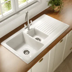 Vellamo Ceramic 1.5 Bowl Inset Kitchen Sink with Reversible Drainer & Waste Kit - 1010 x 530mm