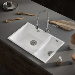 Vellamo Ceramic-Style Gloss White Composite Inset / Undermount 1.5 Bowl Kitchen Sink & Waste - 670 x 440mm