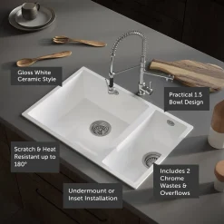 Vellamo Ceramic-Style Gloss White Composite Inset / Undermount 1.5 Bowl Kitchen Sink & Waste - 670 x 440mm
