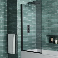 Vellamo City Matt Black 6mm Smoked Black Glass Hinged Bath Screen - 1400 x 800mm