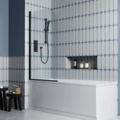 Vellamo City 6mm Matt Black Curved Corner Hinged Bath Screen - 1430 x 770mm