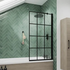 Vellamo City 6mm Matt Black Framed Hinged Grid Bath Screen - 1430 x 770mm