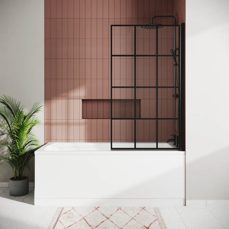 Vellamo City 6mm Matt Black Framed Hinged Grid Bath Screen - 1430 x 770mm