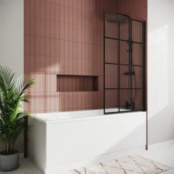 Vellamo City 6mm Matt Black Framed Hinged Grid Bath Screen - 1430 x 770mm