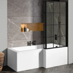 Vellamo City 6mm Matt Black Framed Hinged Bath Screen With Fixed Return - 1430 x 780mm