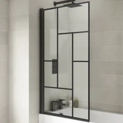 Vellamo City 6mm Matt Black Hinged Abstract Bath Screen - 1430 x 790mm