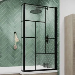 Vellamo City 6mm Matt Black Hinged Abstract L-Shaped Shower Bath Screen - 1430 x 795mm