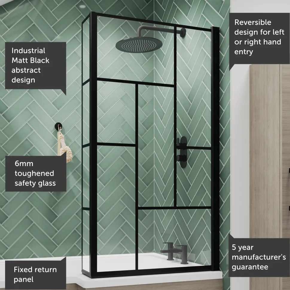 Vellamo City 6mm Matt Black Hinged Abstract L-Shaped Shower Bath Screen - 1430 x 795mm