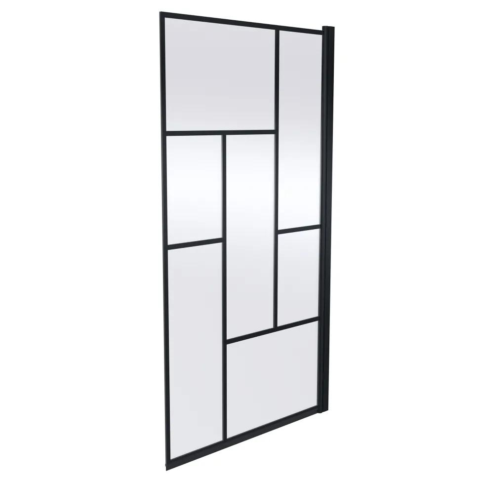 Vellamo City 6mm Matt Black Hinged Abstract L-Shaped Shower Bath Screen - 1430 x 795mm