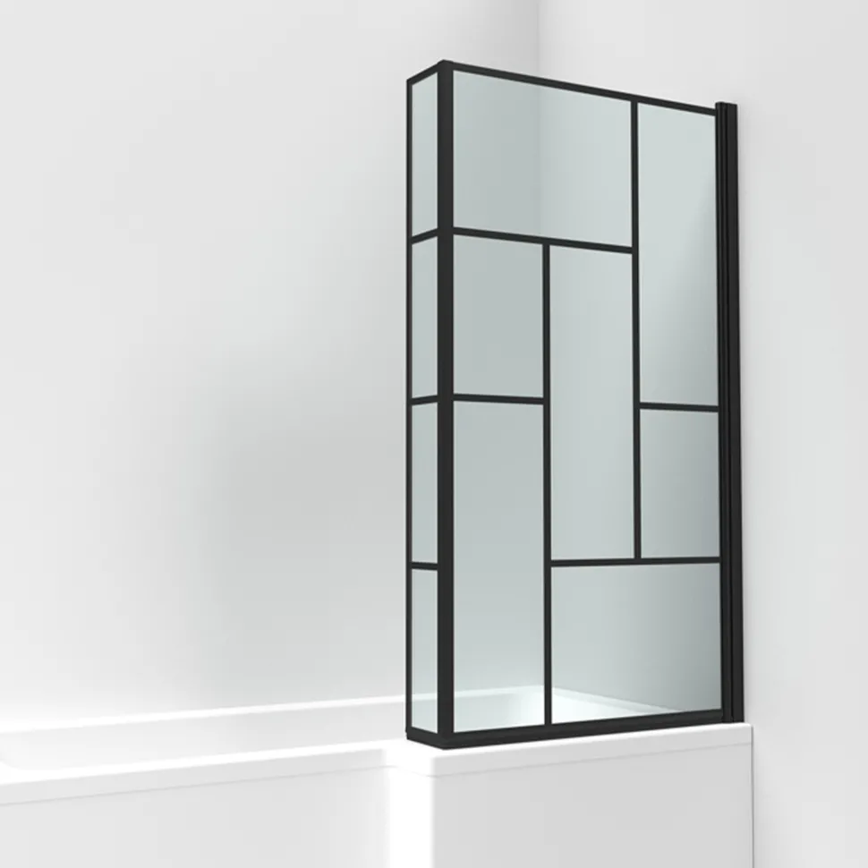 Vellamo City 6mm Matt Black Hinged Abstract L-Shaped Shower Bath Screen - 1430 x 795mm