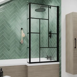 Vellamo City 6mm Matt Black Hinged Abstract L-Shaped Shower Bath Screen - 1430 x 795mm