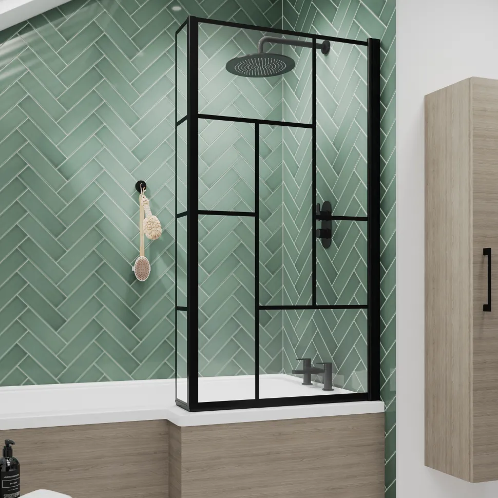 Vellamo City 6mm Matt Black Hinged Abstract L-Shaped Shower Bath Screen - 1430 x 795mm