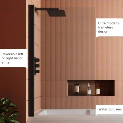 Vellamo City 6mm Matt Black Square Corner Hinged Bath Screen - 1430 x 770mm