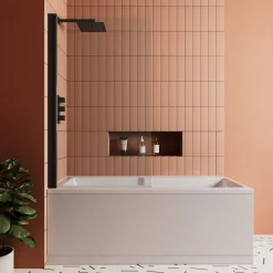 Vellamo City 6mm Matt Black Square Corner Hinged Bath Screen - 1430 x 770mm