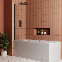 Vellamo City 6mm Matt Black Square Corner Hinged Bath Screen - 1430 x 770mm