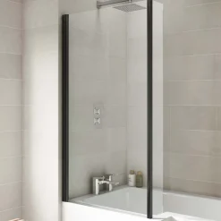 Vellamo City 6mm Matt Black Square Corner Hinged Bath Screen With Fixed Return - 1430 x 780mm