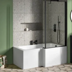 Vellamo City 6mm Matt Black Square Corner Hinged Bath Screen With Fixed Return - 1430 x 780mm