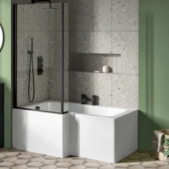 Vellamo City 6mm Matt Black Square Corner Hinged Bath Screen With Fixed Return - 1430 x 780mm