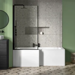 Vellamo City 6mm Matt Black Square Corner Hinged Bath Screen With Fixed Return - 1430 x 780mm