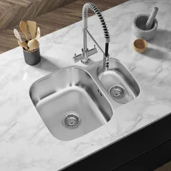 Vellamo Classic 1.5 Bowl Undermount Stainless Steel Kitchen Sink & Waste Kit with Reversible Half Bowl - 595 x 460mm