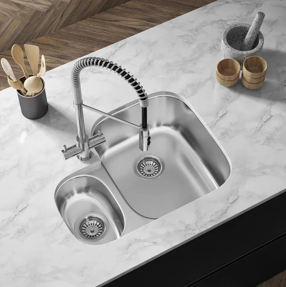 Vellamo Classic 1.5 Bowl Undermount Stainless Steel Kitchen Sink & Waste with Right Hand Main Bowl - 594 x 460mm