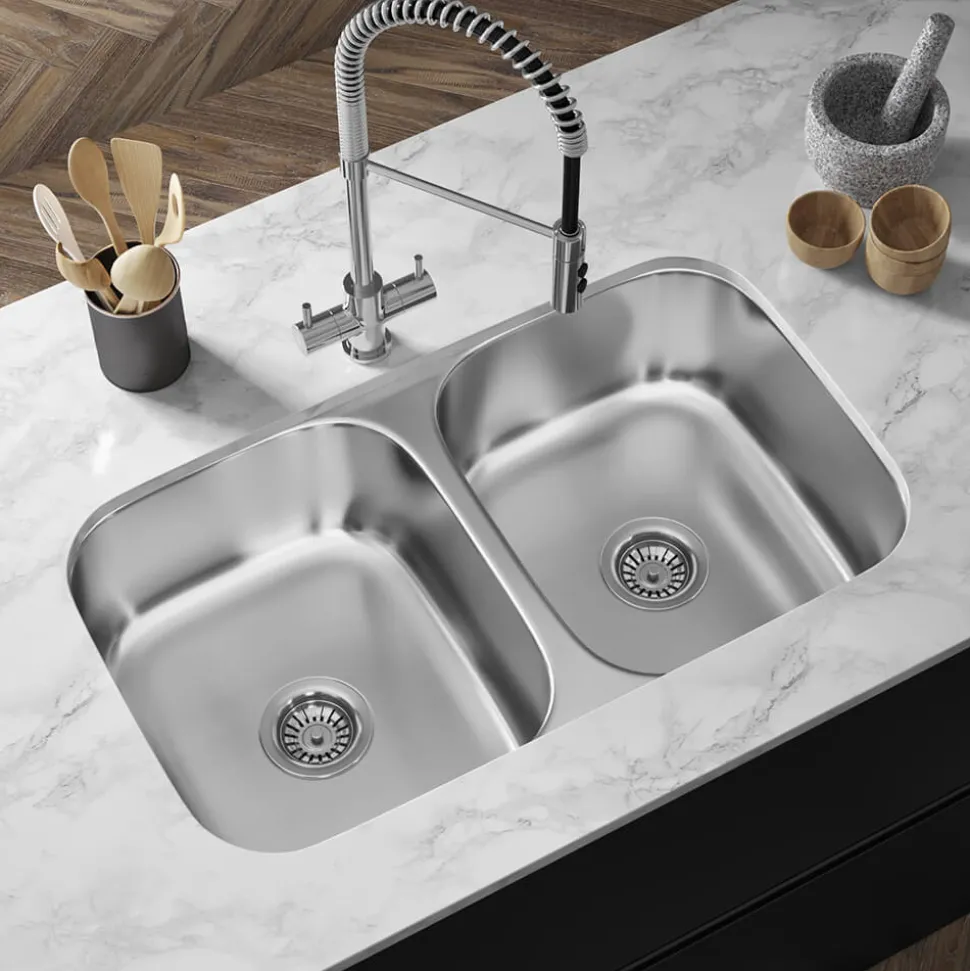 Vellamo Classic Double Bowl Undermount Stainless Steel Kitchen Sink & Waste Kit - 780 x 460mm