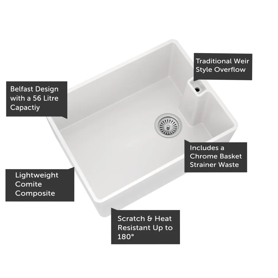 Vellamo Composite White Belfast Kitchen Sink & Waste - 595 x 455mm